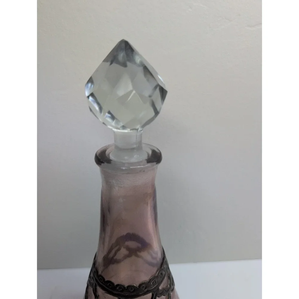 Vintage Decanter‎ Pink Crackle Glass w/ Detailed Silver Overlay  11 In